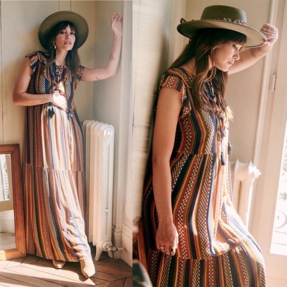 Sezane Dress Dolores Sleeveless Striped Ruffle Maxi Prairie Maya 36 Euc